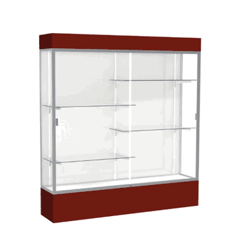 Spirit Maroon Display Case (Lighted), White Laminate Back w/ Satin Natural aluminum frame finish, 80"H x 72"W x 16"D - Click to enlarge
