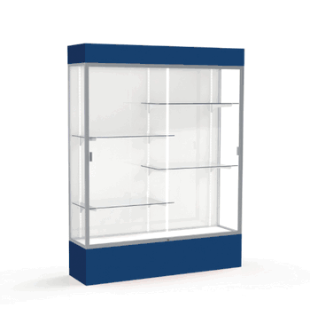Spirit Navy Display Case (Lighted), White Laminate Back w/ Satin Natural aluminum frame finish, 80"H x 60"W x 16"D - Click to enlarge
