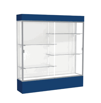 Spirit Navy Display Case (Lighted), White Laminate Back w/ Satin Natural aluminum frame finish, 80"H x 72"W x 16"D - Click to enlarge