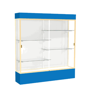 Spirit Royal Blue Display Case (Lighted), White Laminate Back w/ Champagne aluminum frame finish, 80"H x 72"W x 16"D - Click to enlarge