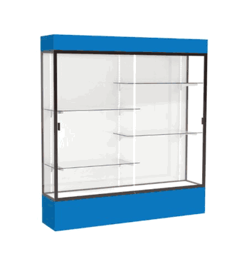 Spirit Royal Blue Display Case (Lighted), White Laminate Back w/ Dark Bronze aluminum frame finish, 80"H x 72"W x 16"D - Click to enlarge