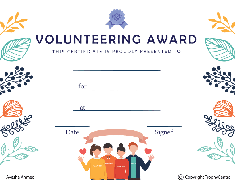 Free Volunteering Award Certificate Template | TrophyCentral
