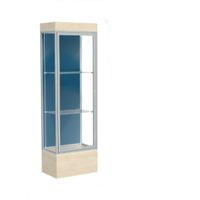 Edge Lighted Floor Display Case, 12" Beigewood Base w/ Blue Steel Back and Satin Natural Aluminum Frame, 76"H x 24"W x 20"D