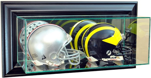 double football helmet case Deluxe Mini Wall MOUNTABLE Display Measuring 19 inches wide Double Mini Football Helmet Display