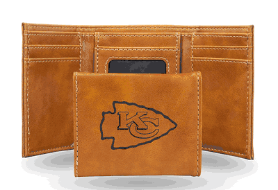 Chiefs Brown Faux Leather Laser Engraved Trifold Wallet With Black Logo