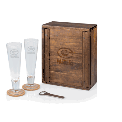 Green Bay Packers Pilsner Beer Glass Gift Set - Acacia Wood