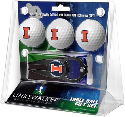 Illinois Fighting Illini - 3 Golf Ball Gift Pack with Hat Trick Divot Repair Tool Black