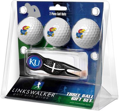 Kansas Jayhawks 3 Golf Ball And Black Crosshair Divot Tool Gift Pack