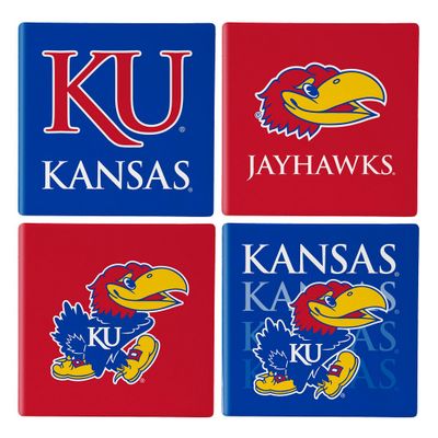 Kansas Jayhawks 4 Piece Coaster Set with Wood Caddy
