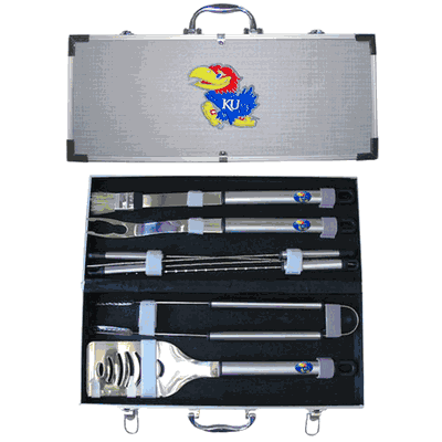 Kansas Jayhawks 8 pc Stainless Steel BBQ Set w/Metal Case