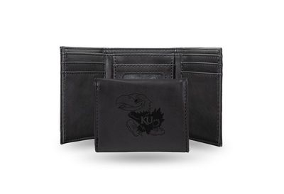 Kansas University Laser Engraved Black Trifold Wallet