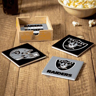 Las Vegas Raiders 4 Piece Coaster Set with Wood Caddy