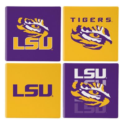 LSU Tigers 4 Piece Coaster Set with Wood Caddy