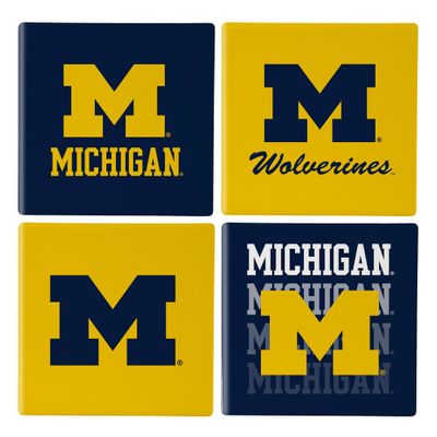 Michigan Wolverines 4 Piece Coaster Set with Wood Caddy