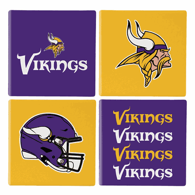 Minnesota Vikings 4 Piece Coaster Set with Wood Caddy