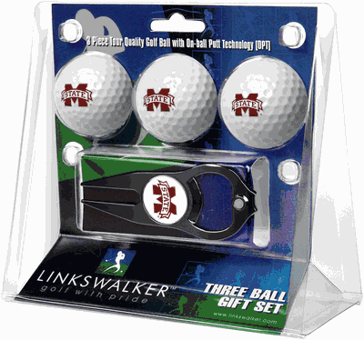 Mississippi State Bulldogs - 3 Golf Ball Gift Pack with Hat Trick Divot Repair Tool Black