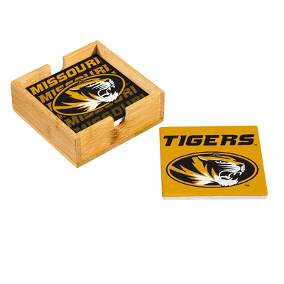 Missouri Tigers 4 Piece Coaster Set with Wood Caddy