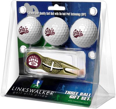 Montana Grizzlies - Gold Crosshair Divot Tool 3 Ball Gift Pack