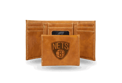 Nets Laser Engraved Brown Trifold Wallet