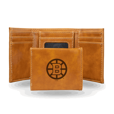 NHL Hockey Boston Bruins Brown Laser Engraved Faux Leather Trifold