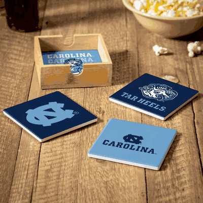 North Carolina Tar Heels 4 Piece Coaster Set with Wood Caddy