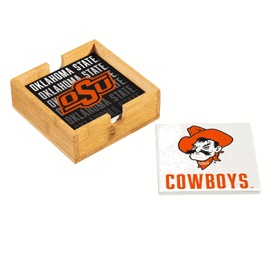 Oklahoma State Cowboys 4 Piece Coaster Set with Wood Caddy