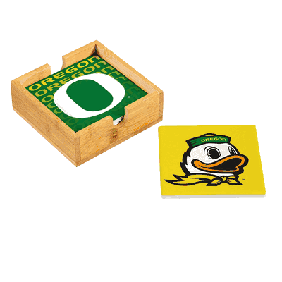Oregon Ducks 4 Piece Coaster Set with Wood Caddy