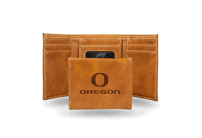 Oregon University Laser Engraved Brown Trifold Wallet