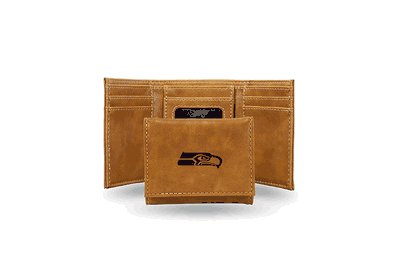 Seahawks Brown Faux Leather Laser Engraved Trifold Wallet With Black Logo