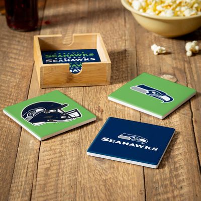 Seattle Seahawks 4 Piece Coaster Set with Wood Caddy