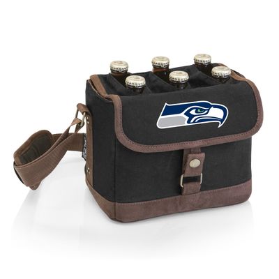 Seattle Seahawks Beer Caddy Cooler Tote with Opener - Black with Brown Accents