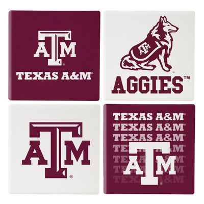 Texas A&M Aggies 4 Piece Coaster Set with Wood Caddy