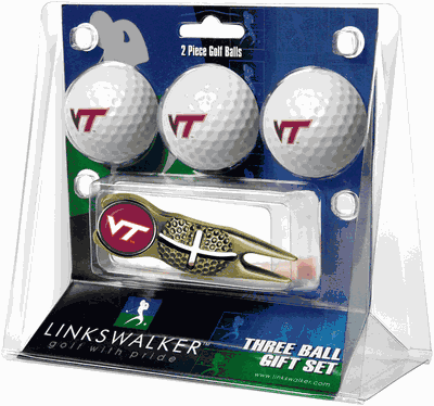 Virginia Tech Hokies 3 Golf Ball And Gold Crosshair Divot Tool Gift Pack