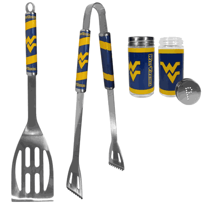 W. Virginia Mountaineers 2 Piece Tailgate BBQ Set with Salt and Pepper Shakers