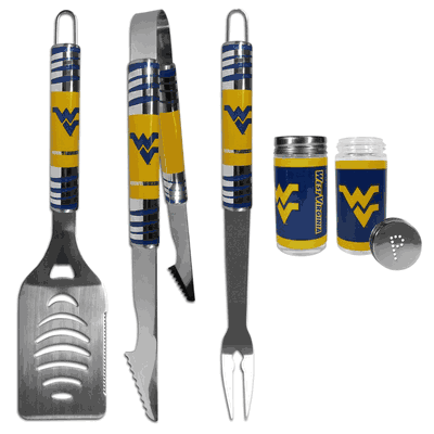 W. Virginia Mountaineers 3 Piece Tailgate BBQ Set with Salt and Pepper Shakers
