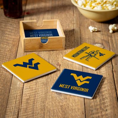 West Virginia Mountaineers 4 Piece Coaster Set with Wood Caddy