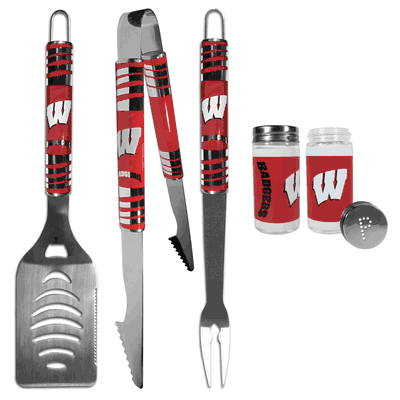 Wisconsin Badgers 3 Piece Tailgate BBQ Set with Salt and Pepper Shakers