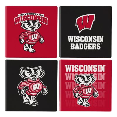 Wisconsin Badgers 4 Piece Coaster Set with Wood Caddy