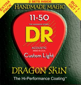 Buy 1 Get 1 Free! DR Dragonskin K3 Coated Acoustic Guitar Strings 2 Pack DSA2-11 Custom Light 11-50