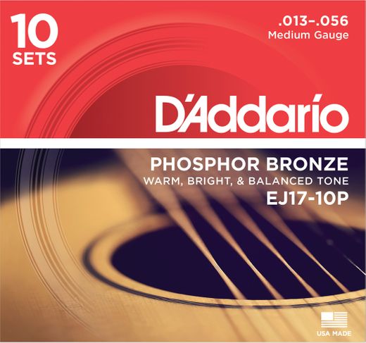 D'Addario 10 Pack EJ Phosphor Bronze Acoustic Guitar Strings EJ17-10P Medium 13-56