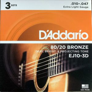 D'Addario 3 Pack EJ 80/20 Bronze Acoustic Guitar Strings EJ10-3D Light 10-47