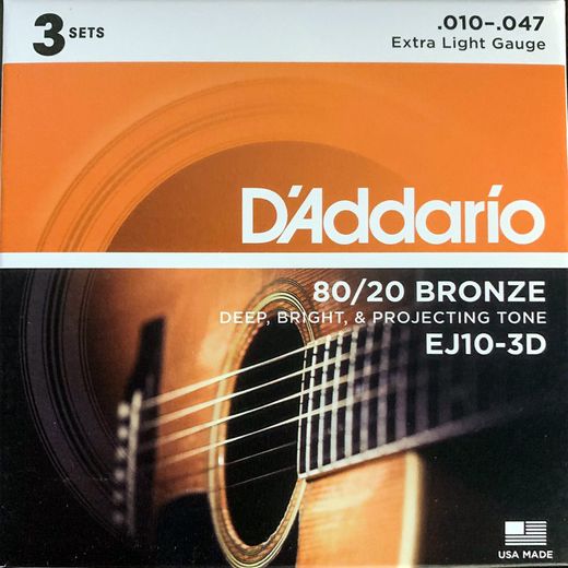 D'Addario 3 Pack EJ 80/20 Bronze Acoustic Guitar Strings EJ10-3D Light 10-47