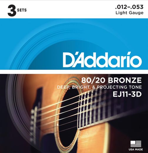 D'Addario 3 Pack EJ 80/20 Bronze Acoustic Guitar Strings EJ11-3D Light 12-53