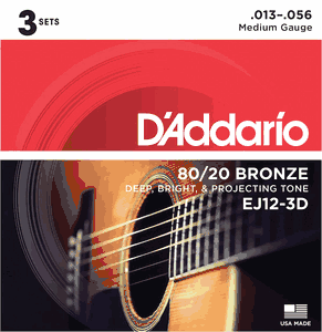 D'Addario 3 Pack EJ 80/20 Bronze Acoustic Guitar Strings EJ12-3D Medium 13-56