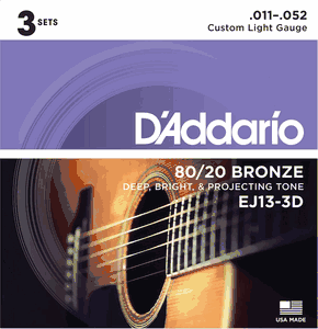 D'Addario 3 Pack EJ 80/20 Bronze Acoustic Guitar Strings EJ13-3D Custom Light 11-52