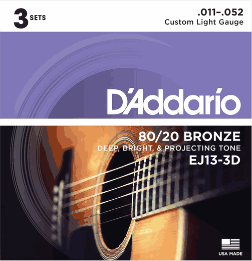 D'Addario 3 Pack EJ 80/20 Bronze Acoustic Guitar Strings EJ13-3D Custom Light 11-52
