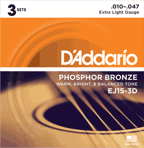 D'Addario 3 Pack EJ Phosphor Bronze Acoustic Guitar Strings EJ15-3D X-Lite 10-47