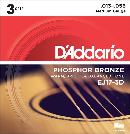 D'Addario 3 Pack EJ Phosphor Bronze Acoustic Guitar Strings EJ17-3D Medium 13-56