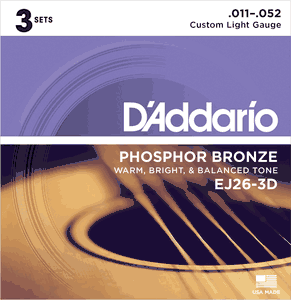 D'Addario 3 Pack EJ Phosphor Bronze Acoustic Guitar Strings EJ26-3D Custom Lite 11-52