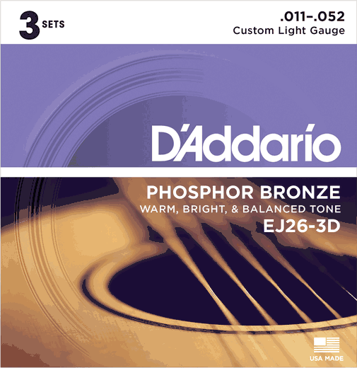 D'Addario 3 Pack EJ Phosphor Bronze Acoustic Guitar Strings EJ26-3D Custom Lite 11-52